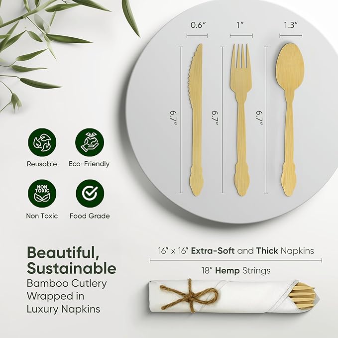 EcoPreps Luxury Pre-Rolled Napkin and Bamboo Cutlery Set (50 Pack, 200 PCS) 100% Biodegradable, Eco-Friendly, Disposable Wrapped Cutlery - Includes Pre-Wrapped Bamboo Forks, Knives, Spoons, & Napkins