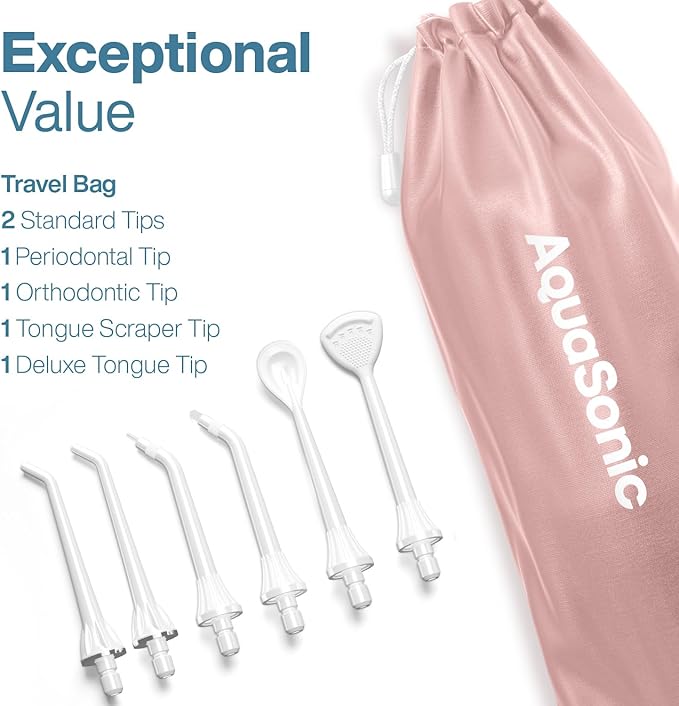 AquaSonic Aqua Flosser PRO - Rechargeable Electric Cordless Water Flosser for Teeth, Gums & Tongue - Waterproof Modern Design, 300ml Large Tank, 3 Modes, 6 Jet Tips, Deluxe Tongue Nozzle - Rose Gold