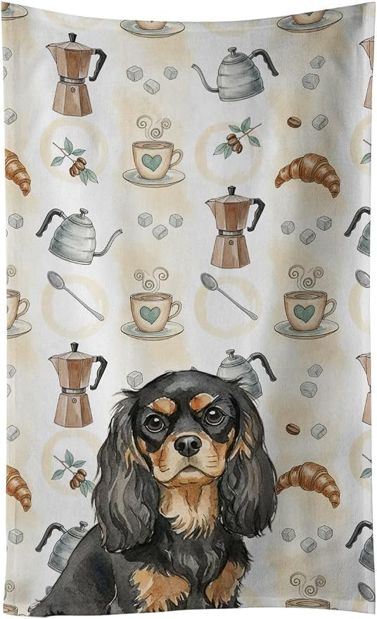 Caroline's Treasures Black and Tan Cavalier Spaniel Coffee Bar Kitchen Towel Velour Plush Front and Cotton Loop Back Machine Washable