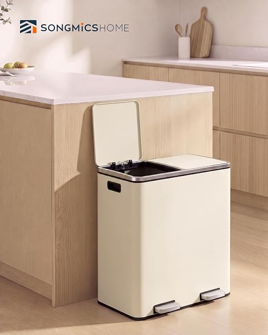 SONGMICS HOME Trash Can with 2 Compartments for Kitchen, Garbage Can with 15 Trash Bags, Beige