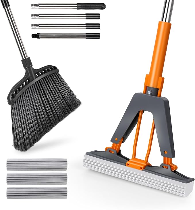 Masthome 56" Heavy Duty Broom with Hard Bristles & Roller Sponge Mop with 3 Absorbent Mop Refills for Floor Cleaning