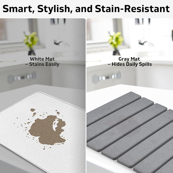 Stone Dish Drying Mat for Kitchen Counter – Collapsible 24"(L)×16 (W) Super Absorbent Diatomaceous Earth Dish Drying Mat, Grey Kitchen Counter Mats for Dishes ,Bottles, Cups, Match Any Countertop