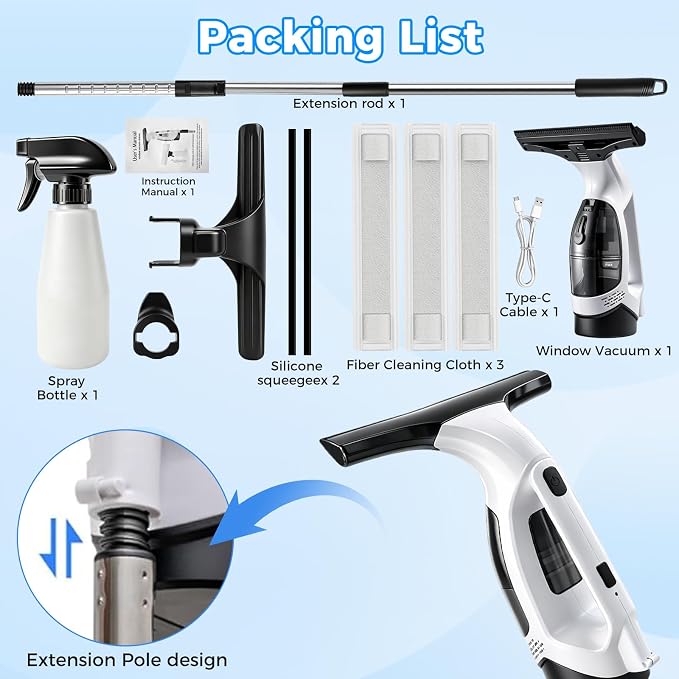 Window Vacuum Squeegee with Extendable Pole 31-40", 2000Pa Electric Window Cleaning Tool with 2200mAh and 150ml Dirty Water Tank, Long Handle Squeegee for Windows, Shower Doors, Mirrors, and Tiles