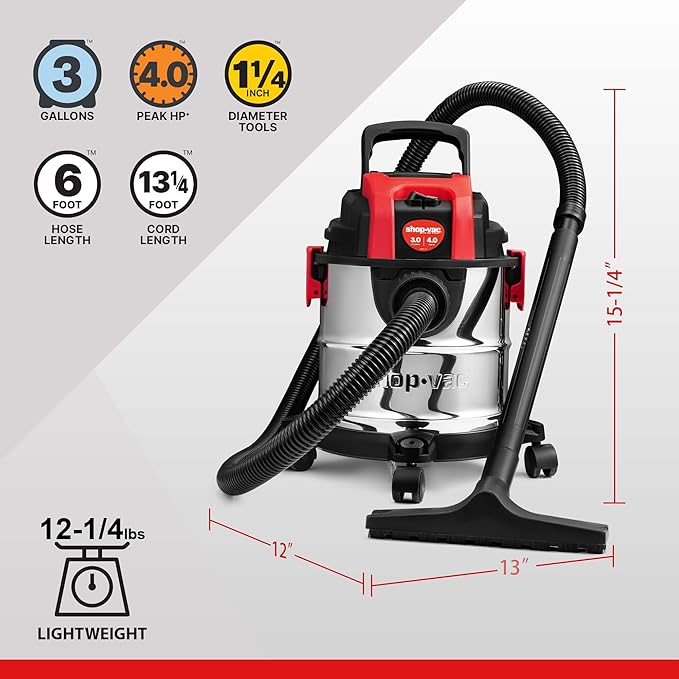 Shop-Vac 3 Gallon 4.0 HP Wet/Dry Vacuum with Blower Function, Stainless Steel Tank, Portable Shop Vacuum with Wheels, Includes Filters, Hose & Accessories, Ideal for Garage and Workshop