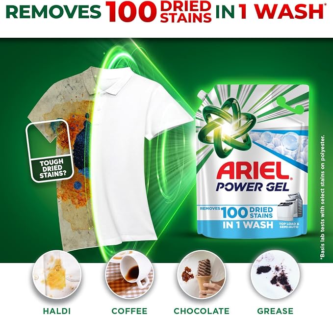 Ariel Power Gel Liquid Detergent for Top Load & Semi Auto – 2kg | Removes 100 Dried Stains in 1 Wash | Faster Dissolving | Long-Lasting Fragrance | Color Protection | At the price of Powders
