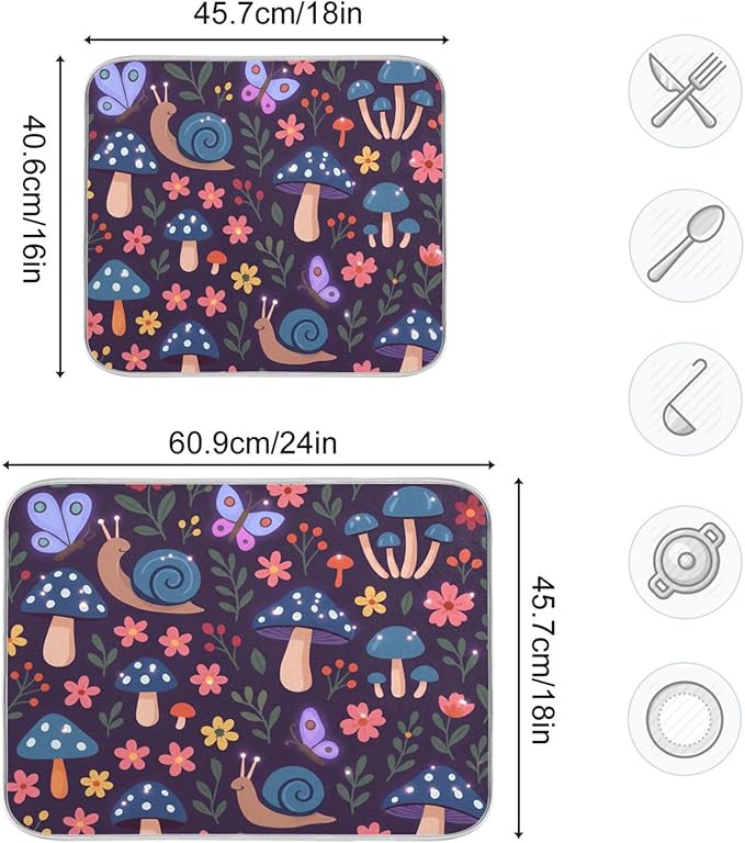 Mushroom with Snails Dish Drying Mat Absorbent Kitchen Pads for Counter Kitchen Dish Dryer 18 x 24 Mat under Dish Drainer