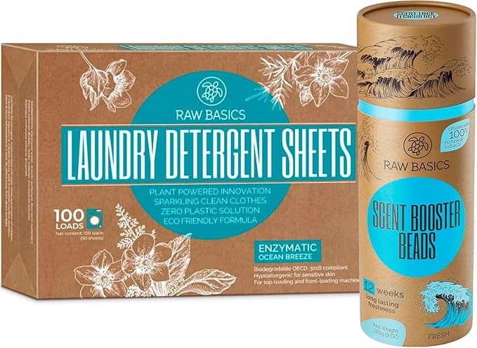 RAW BASICS Scent Boosters for Washer, Fresh Aroma and Laundry Sheets Ocean Breeze, 100 Loads