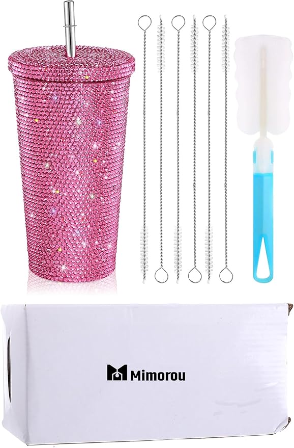Mimorou Studded Bling Diamond Tumbler Glitter Water Bottle with Lid Stainless Steel Vacuum Thermal Straw Rhinestone Tumbler with 1 Pcs Cup Brush 6 Pcs Straw Brushes for Women(16.9 oz,Pink)