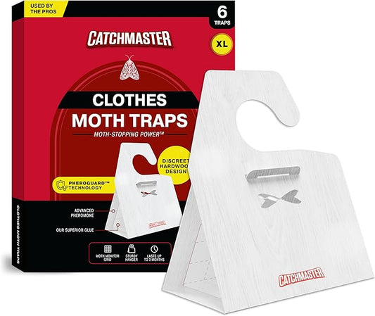 Catchmaster Clothing Moth Traps with Premium Extra Strength Odorless Pheromone Technology – XL Hardwood Design, Extra-Strength Glue – Traps & Targets Casemaking and Webbing Moths - 6-Pack