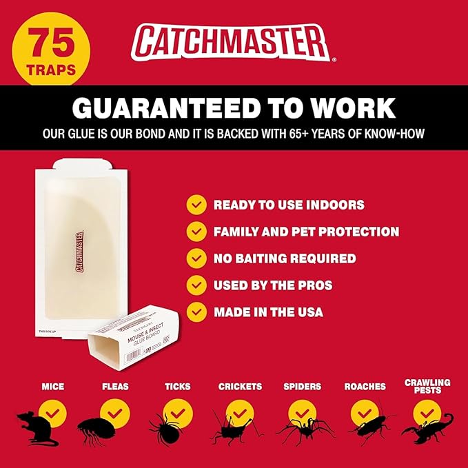 Catchmaster Compact Sticky Insect & Mouse Traps 75-Count, 3.5"x7" Glue Boards for Mice & Insects, Ultra Sticky Mouse Traps Indoor for Home Use in Garages, Basements & Attics, Capture in Tight Places