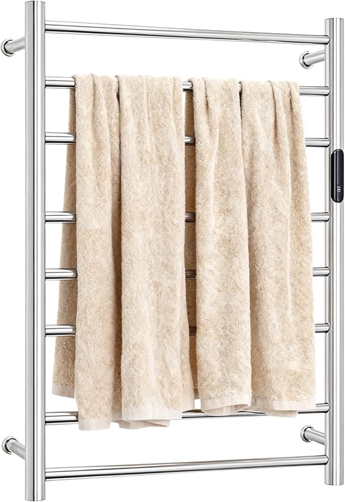 Luxury 8 Bars Towel Warmer Wall Mount Electric Plug-in/Hardwired Heated Towel Rack, Heated Towel Drying Rack with Timer & Temperature Multi-Level Adjustable (Mirror Polish Slivery, 8 Bars)