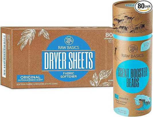 RAW BASICS Scent Boosters for Washer, Fresh Aroma, and Dryer Sheets, 80 Bulk Loads