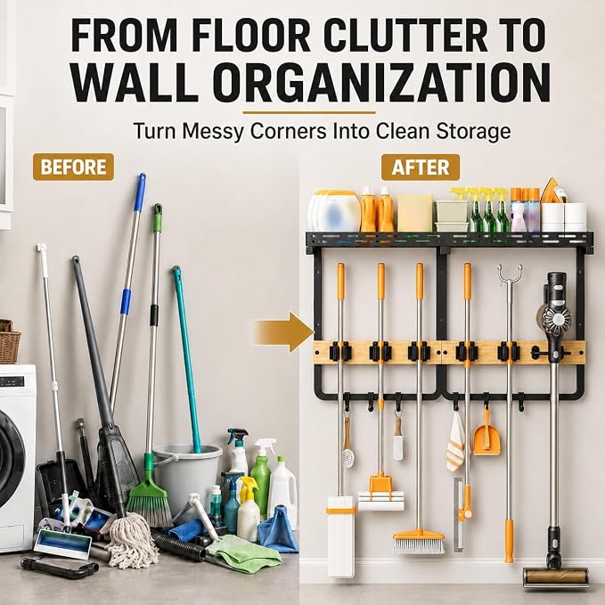 Broom Holder Wall Mount With Built-In Guardrail Shelf, Cleaning Supplies Organizer With 5 Mop Grippers, 6 Hooks And Vacuum Holder For Laundry Room Garage Pantry Kitchen