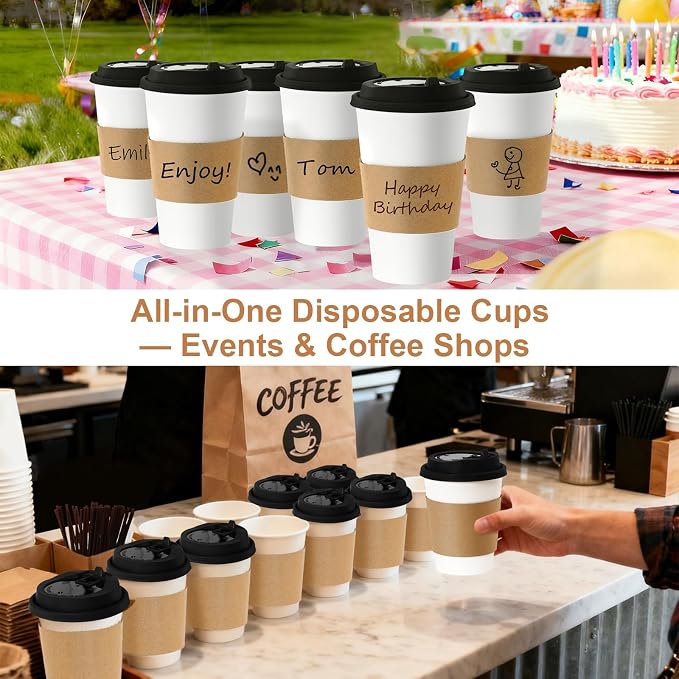 20 oz 500 Pack Coffee Cups with Lids and Sleeves, Straws, Hot Disposable To Go Travel Paper Cups Bulk for Office, Home Coffee Bar Accessories, Chocolate, Cocoa, Beverage (White)