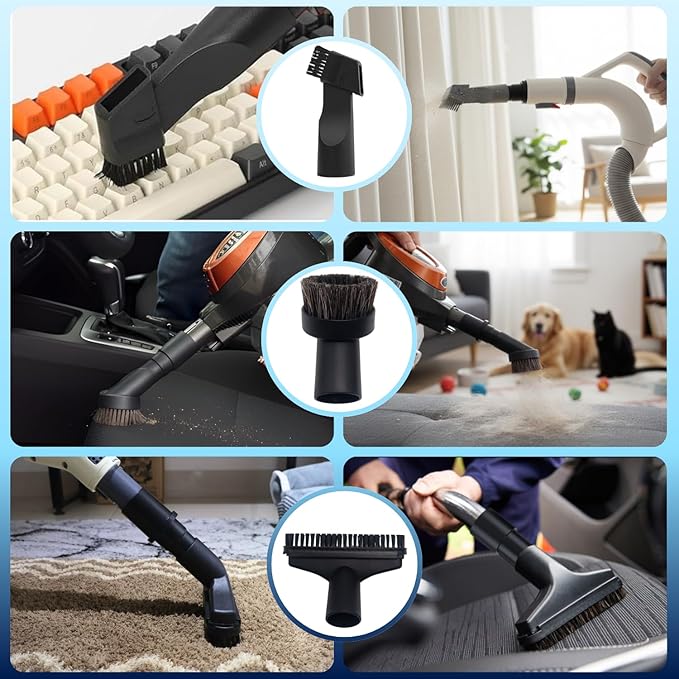 Vacuum Attachments & Brushes Kit with Universal Hose Adapter – Vacuum Attachments Compatible with Shop Vac Hose 2-1/2'', 1-3/8" & 1-1/4'' - Horse Hair Dust Brush, Upholstery Tool and More