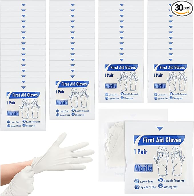 Chicingyou 30 Pairs Disposable Emergency Glove Individually Packaged Travel Gloves Travel Trauma Essential Nitrile Glove (White)