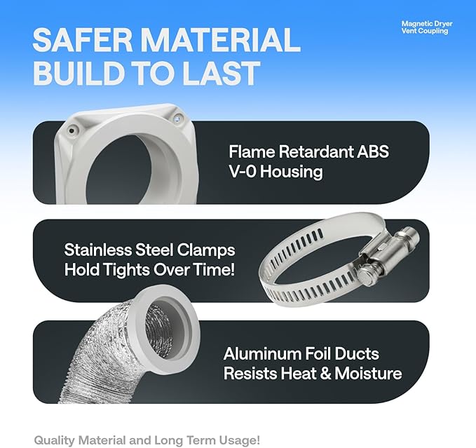 Magnetic Dryer Vent Kit for Tight Spaces - Self-Aligning Mag-Snap Connector, Heat Resistant & Flame Retardant ABS, Airtight Seal, Includes 4" x 2.6ft Flexible Duct & Clamps