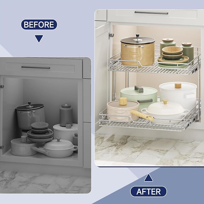 2-Tier Pull Out Cabinet Organizer, 22.5" W x 21.5" D, Heavy Duty Dual Slide Out Shelves for Wide Base Cabinets, Chrome Wire Basket Drawer for Pots, Pans, Pantry & Cleaning Supplies