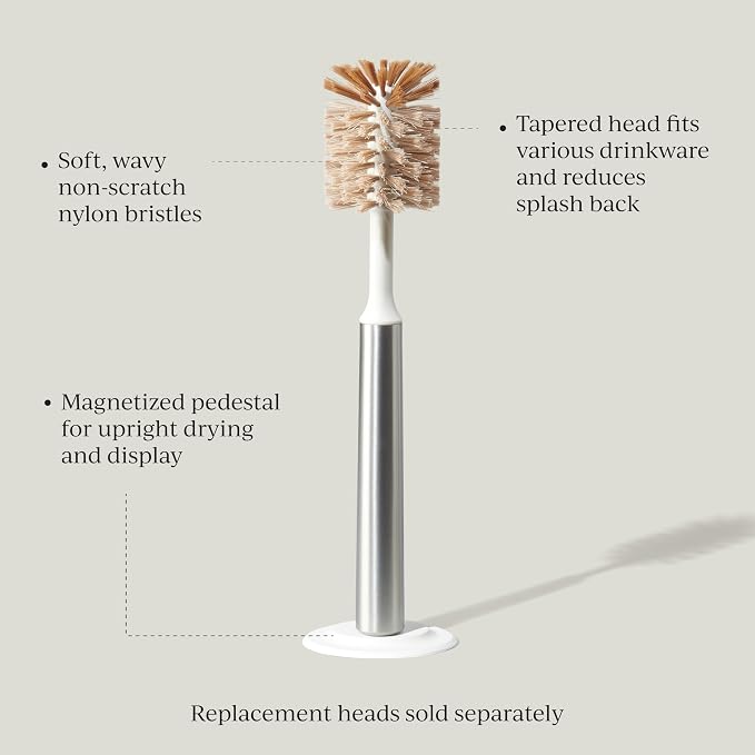 Curio Home Goods Ionic Bottle Brush, Magnetized to Stand Upright, Stainless Steel with Replaceable Head, Silver