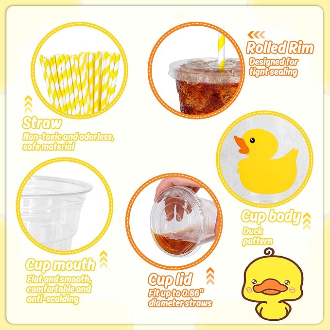 Whaline 50 Pcs Yellow Duck Plastic Cups with Lids and Straws 12 Oz Cute Duck Beverage Drinking Cups for Birthday Summer Pool Beach Party Supplies