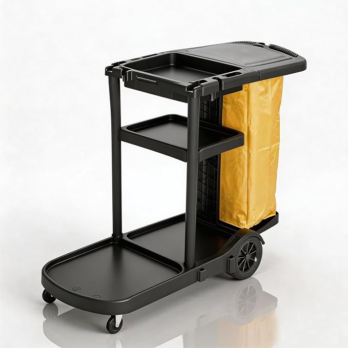 NORTHSKY Janitorial Cart, 3-Shelf Cleaning Carts on Wheels,Commercial Traditional Plastic Housekeeping Cart with 2 Yellow Vinyl Bag and 2 Pair of Rubber Gloves (Matte Black)