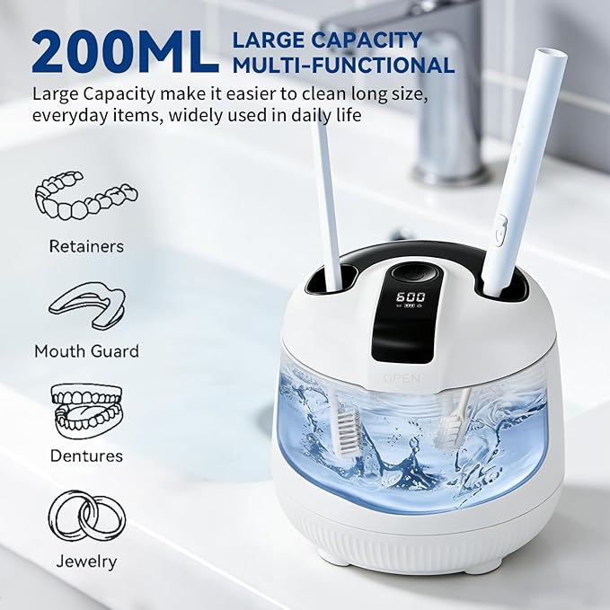 Ultrasonic Retainer Cleaner Machine 48kHz, Cordless Dental Cleaning Pod, Ultrasonic Retainer Cleaner for Aligners, Dentures, Mouth Guards, Toothbrush Heads and Jewelry with 200ML Capacity, LAB Supply