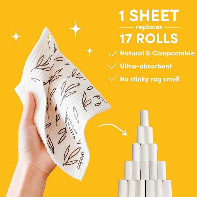 Papaya Reusable Paper Towels, Premium Swedish Dishcloths with Hook, Non-Scratch Reusable Paper Towel, 1 Sheet Replaces 17 Rolls - 4 Sheets, 2 Hooks