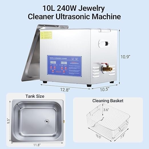 10L High-Power Ultrasonic Parts Washer 240W | 40kHz Heated Industrial Cleaner with Cycle Memory | for CNC Tools, Aerospace Components, Dental Sterilization, Jewelry Workshop