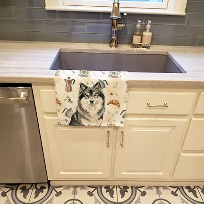 Caroline's Treasures Keeshond Coffee Bar Kitchen Towel Velour Plush Front and Cotton Loop Back Machine Washable
