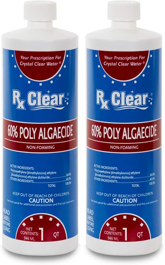 Rx Clear Algaecide 60 Plus | Non-Foaming Formula for Above Or In-Ground Swimming Pools | 60 Percent Poly-Algaecide | Keeping Algae in Suspension | One Quart Bottles | 2 Pack