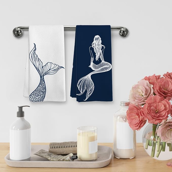 Coastal Mermaid Beach Decor Dish Hand Tea Towels for Bathroom Kitchen, Mermaid Ocean Beachy Bathroom Decor Gifts for Women, Navy Blue Nautical Kitchen Towels and Dishcloths Sets of 2, 16x24in