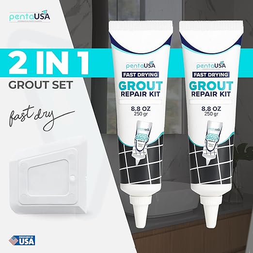PentaUSA Premixed Tile Grout Repair Kit 2 Pack - White Acrylic Sanded Grout Filler for Bathroom, Shower, Kitchen Tile Water-Resistant Tubes with Applicator, Fast Drying, Total (2 x 250g / 17.6oz)