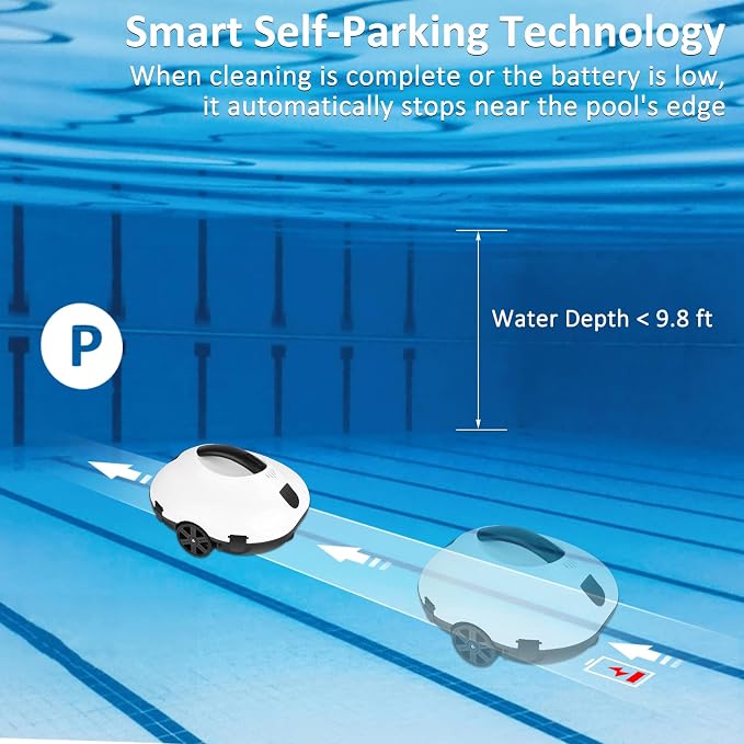 130 Mins Runtime Cordless Robotic Pool Cleaner Portable Lightweight Automatic Vacuum Self-Parking 5200mAH Fast Charging Powerful for Above-Ground Swimming Pool up to 861Sq.ft (White)
