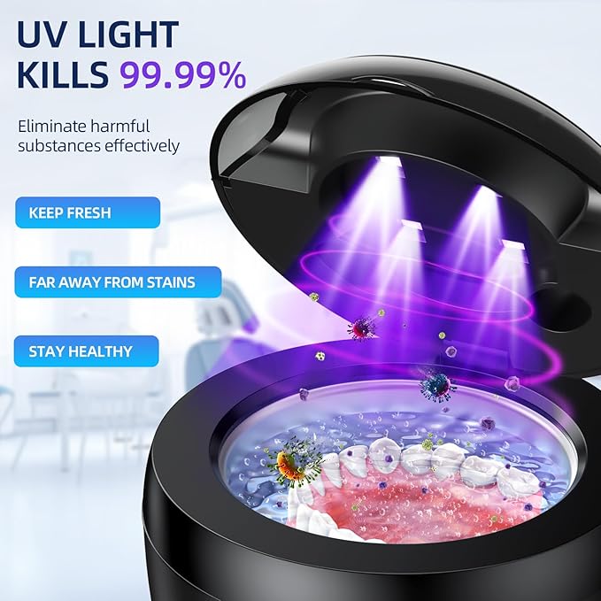 EcoBasic Ultrasonic Retainer Cleaner Machine, 45kHz Dental Cleaning Pod with UV-C Light, 200ML Denture Cleaner with 4 Modes Deep Cleaning for Retainers, Aligners, Mouth Guards, Dentures & Jewelry
