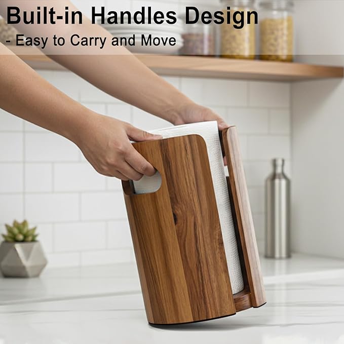 Wood Paper Towel Holder for Kitchen Countertop, Acacia Wooden Kitchen Towel Holder with Splash Guard, Handles & Weighted Non-Slip Base, Home Decor Essentials, for Kitchen, Bathroom,Apartment, RV