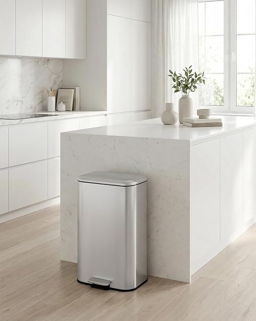 Garvee 8 gal Kitchen Trash Can, Step Garbage Can with Soft-Close Lid, Stainless Steel Recycling Bin with Removable Inner Bucket, Rectangular Waste Container for Living Room, Office, Silver
