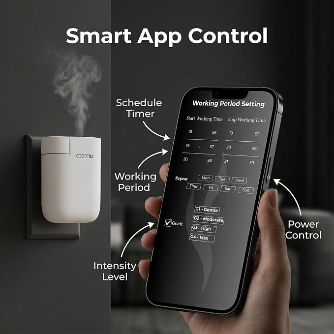 Scentia Waterless Plug-in Scent Diffuser with App Control, Cold-Air Fragrance Diffuser, 600 Sq Ft Coverage, Hotel-Inspired Essential Oil Included, Housewarming Gift – Scentia, White