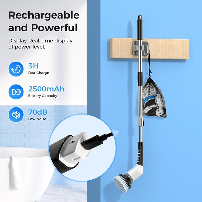 YKYI Cordless Electric Spin Scrubber, Power Cleaning Brush with 8 Replaceable Heads & Extension Handle for Bathroom, Tub, Tile, Floor, Grout, Car