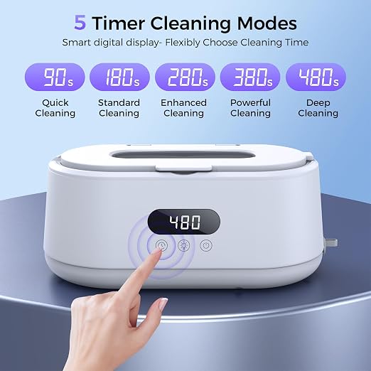 Ultrasonic Jewelry Cleaner, 50KHz Ultrasonic Cleaner Machine, Dual Modes & LED Display, 5 Cleaning Modes, 24W Sonic Cleaner for Jewelry, Eyeglasses, Watches, Rings, Watch Strap,Dentures(White)