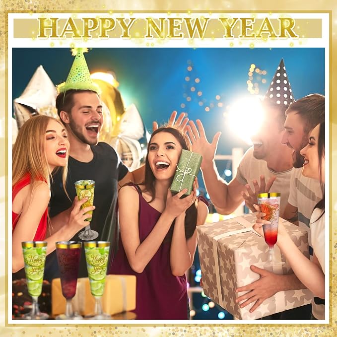 Jingmore 48 Pack 2027 Happy New Year Gold & Sliver Rimmed Plastic Champagne Flutes Cheer to 2027 Celebration New Years Eve Party Supplies 5oz Disposable Cocktail Cups Transparent Party Favors (Gold)