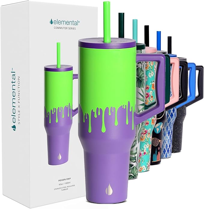 Elemental 40 oz Tumbler with Handle and Straw - Spill Proof Insulated Stainless Steel Commuter for Cold Beverages - Travel Coffee Mug with 2 Straws & Spill Proof Lid - 40oz - Poison Drip