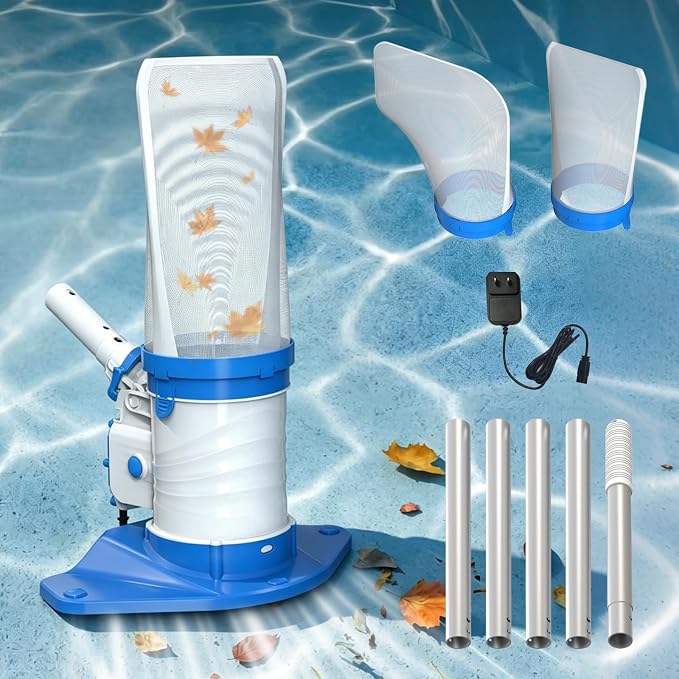 83GPM Big Rechargeable Pool Leaf Vacuum with 5-Section Pole, Cordless Pool Skimmer for Above-Ground & In-Ground Pools, Includes Standard & Fine Filter Bags for Leaves & Debris