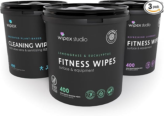 Wipex Fitness Wipes Bundle - Get 3 Buckets (1) Lemongrass, (1) Lavender, (1) Hand Sanitizing BZK, all Plant-Based Cloth, Great for Yoga Studios, Wellness Centers, and Gyms, 400 Ct (Pack of 3)