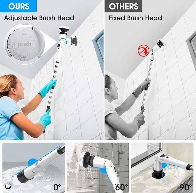 Electric Spin Scrubber, Shower Scrubber with Long Handle, Rechargeable Cordless Power Scrubber, Retractable & Adjustable Angle Spin Brush for Cleaning Bathroom/Tub/Floor/Tile (Black-White+Beige)