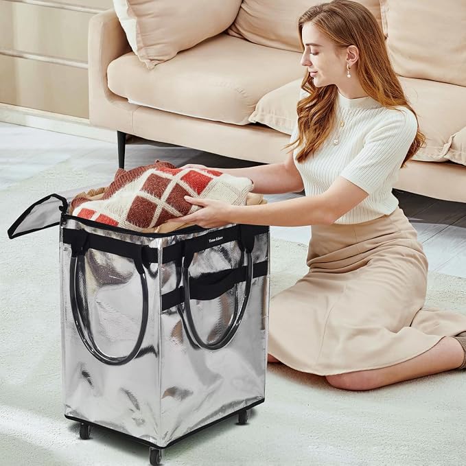 Reusable Grocery Bag On Wheels Large Capacity Shopping Trolley Foldable Rolling Tote Bag with Heavy Duty Handle for Travel (Silver, Medium)