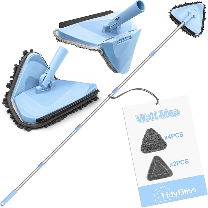 Wall Cleaner Mop with 80” Long Handle, 360° Swivel Ceiling Duster Scrubber with Collapsible Head, Baseboard Cleaning Tool with 4 Chenille and 2 Microfiber Pads for Windows Floor (Blue)