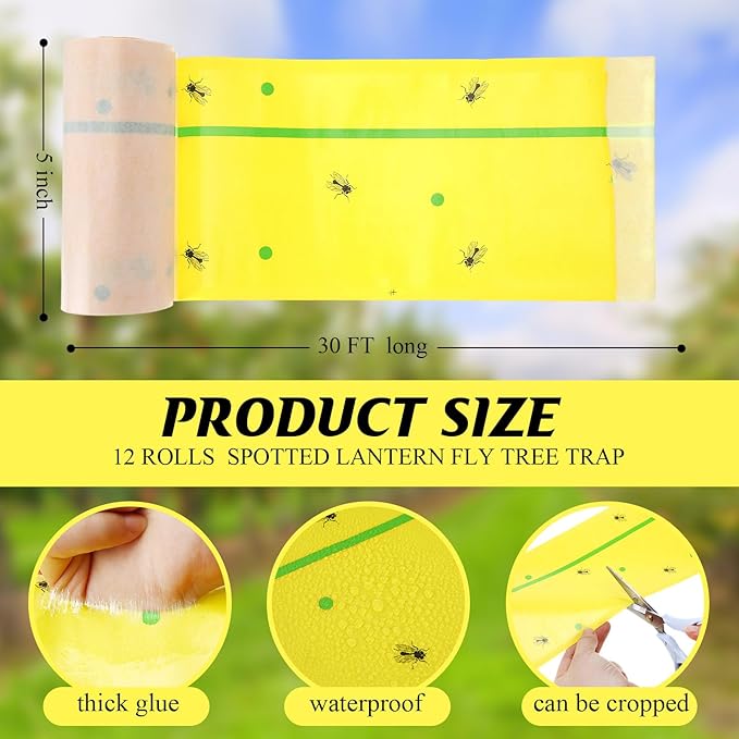 12 Rolls (30 Feet Each) Spotted Lantern Fly Tree Trap Outdoor Fruit Fly Sticky Strips Paper Ant Insect Sticky Barrier Tree Trunk Wraps to Protect Trees Plants, Lawn, Garden(Yellow and Green)