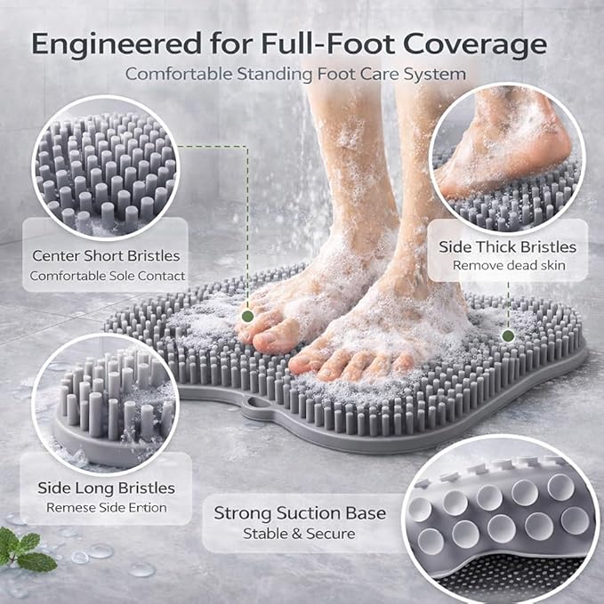 4-in-1 Shower Foot Care Set — Silicone Foot Scrubber Mat with Non-Slip Suction Cups, Natural Pumice Stone, Long Handled Toe Cleaner Brush & Adhesive Hooks — Daily Foot Wash & Bathroom Spa Kit