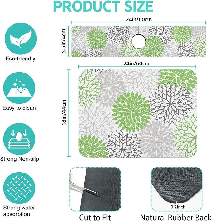 Dish Drying Mat for Kitchen Counter Matt, 2PCS 24"x18" Dish Drainer Mat & 24"x5.5" Sink Splash Guard, Super Absorbent Non-slip Rubber Backed