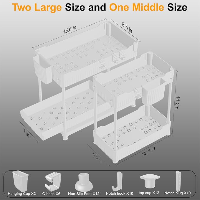 Sevenblue 3 Pack Under Sink Organizers,2-Tier Multi-Use Kitchen and Bathroom Organizers and Storage with Sliding Drawers,Bathroom Cabinet Organizer (White, 12.8 Inch)